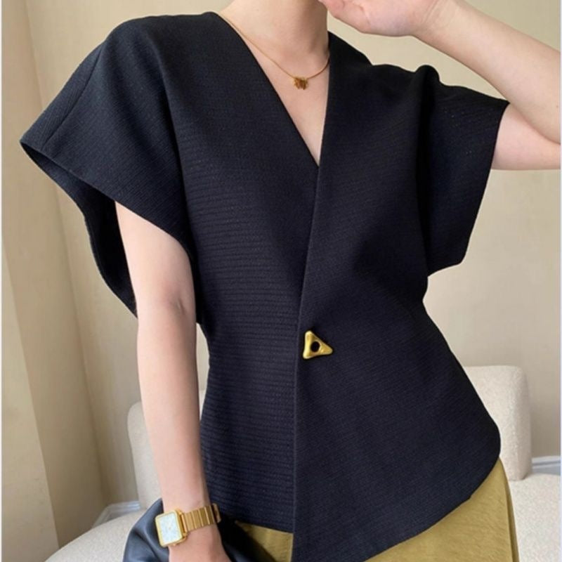 Asymmetric V-Neck Short Sleeve Blouse