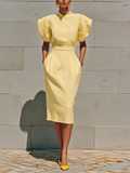 Cotton Linen Yellow Puff Sleeve Midi Dress with Collar and Belted Waist