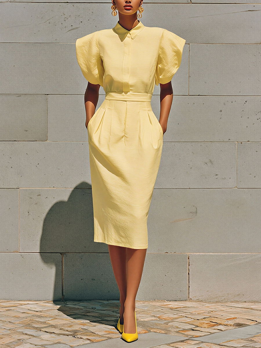 Cotton Linen Yellow Puff Sleeve Midi Dress with Collar and Belted Waist