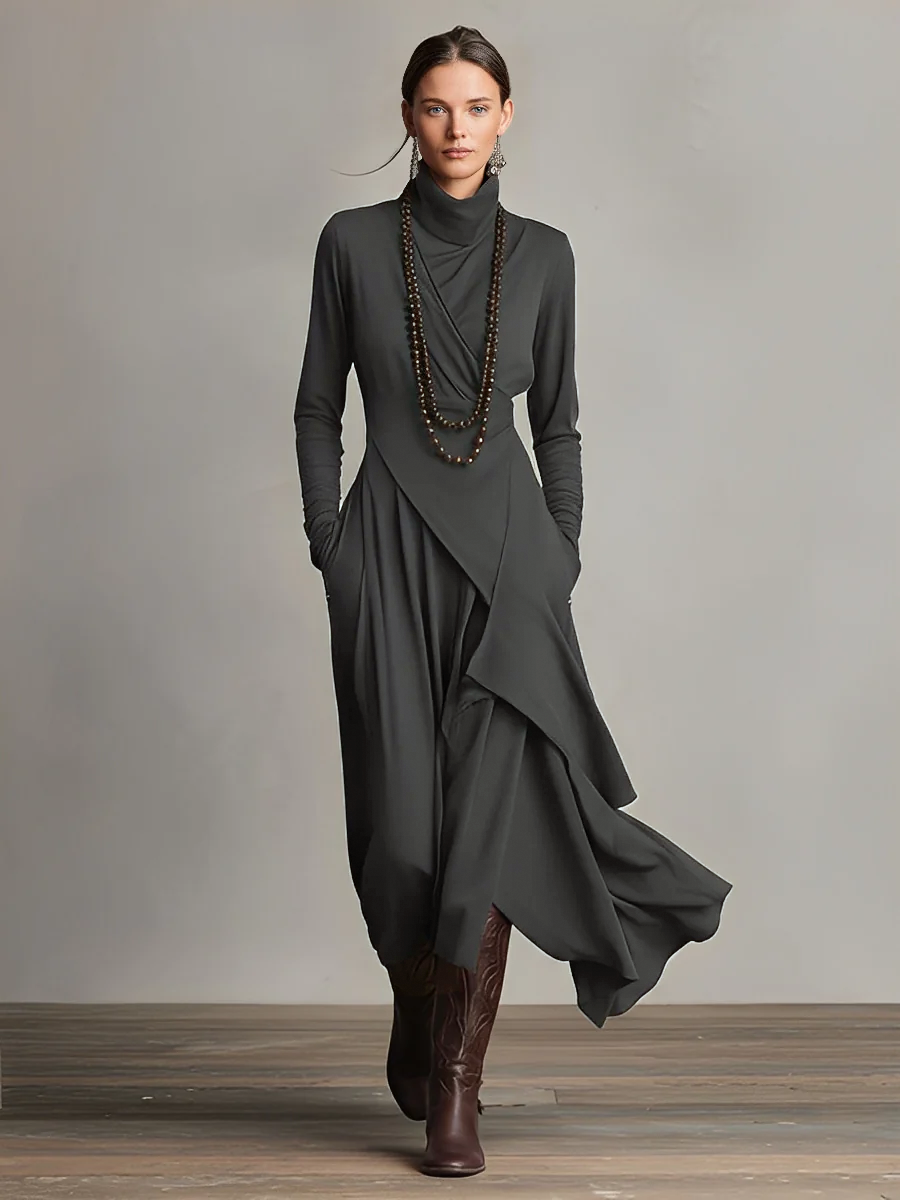 Asymmetric Draped Turtleneck Midi Dress