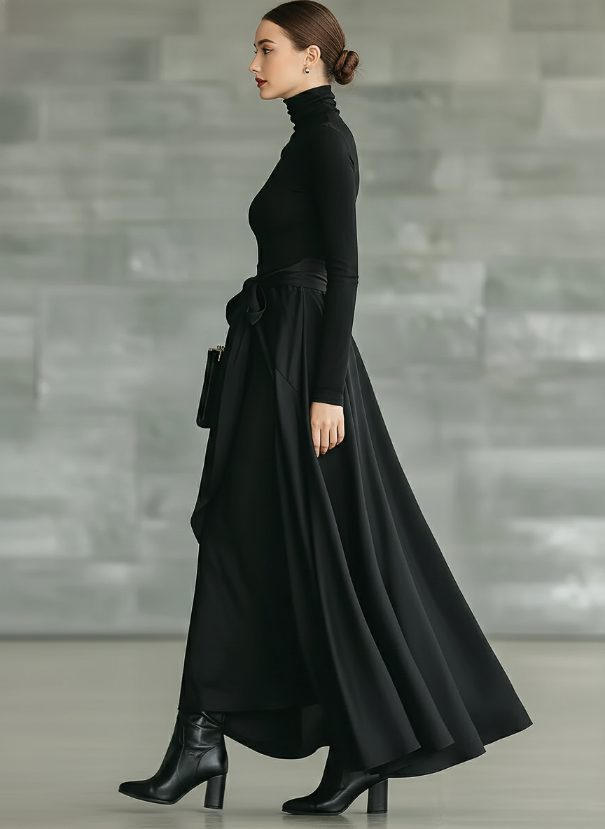 Silk Satin High-Low Maxi Skirt with Bow Belt and Turtleneck Top Set