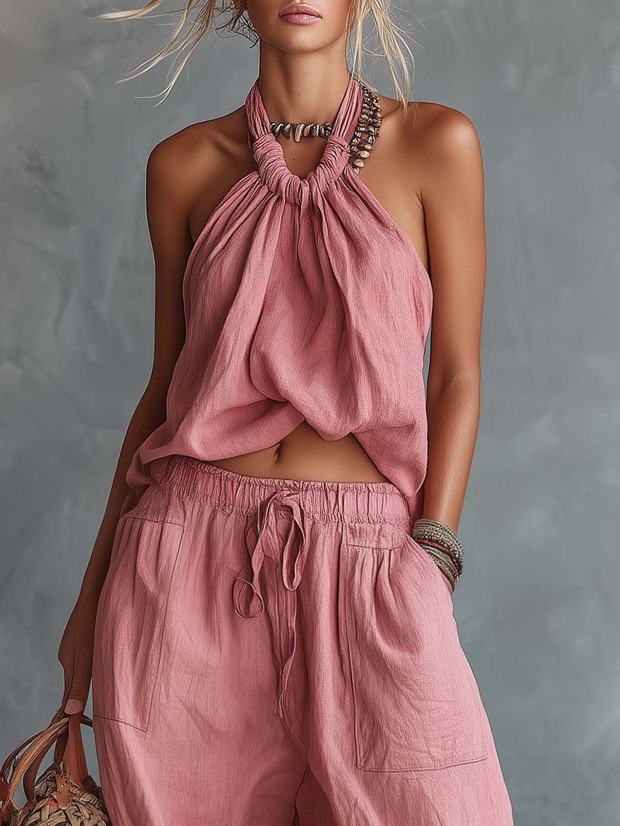 Linen Women's Boho Halter Top and Wide Leg Pants Set - Summer Casual Loose Fit Two Piece Outfit