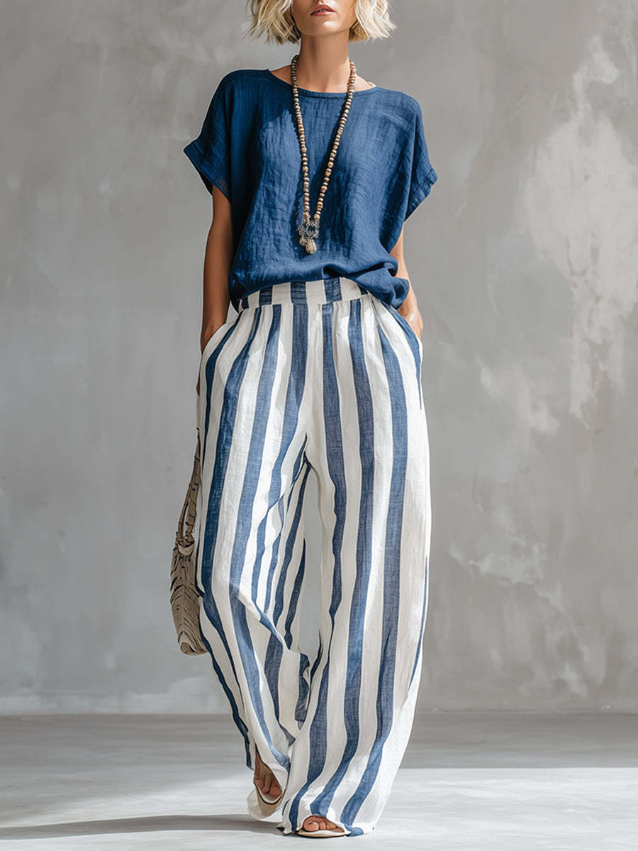 Blue Striped Linen Wide Leg Pants