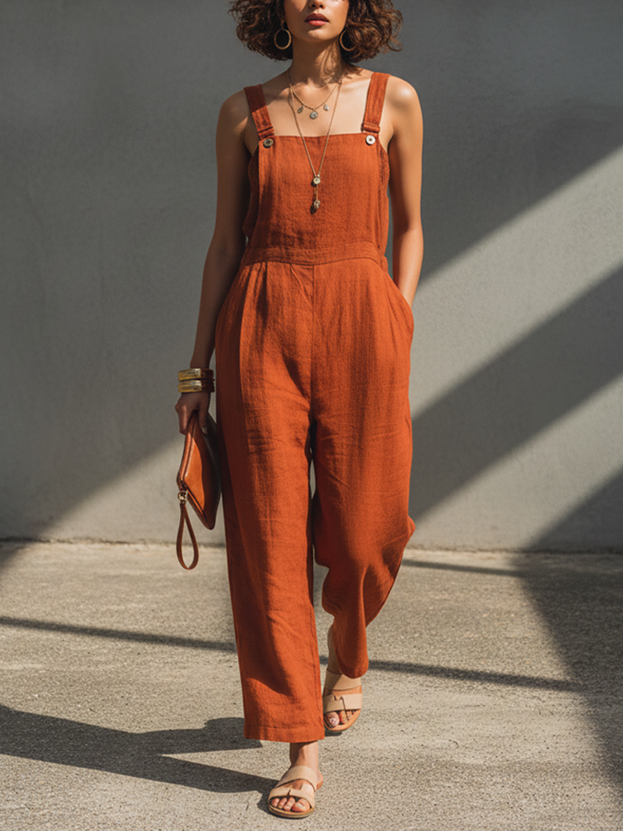 Linen Overalls Women Rust Color Sleeveless Jumpsuit Wide Leg Casual Summer Outfit Comfortable Breathable Dress