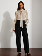 Polka Dot Tie-Neck Ruffle-Cuff Blouse