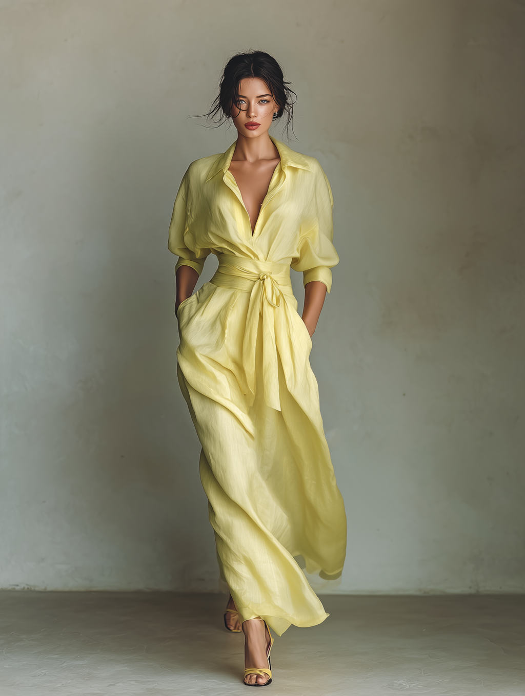 Silk Satin Wrap Maxi Dress with Belted Waist and Deep V-Neckline for Elegant Occasions