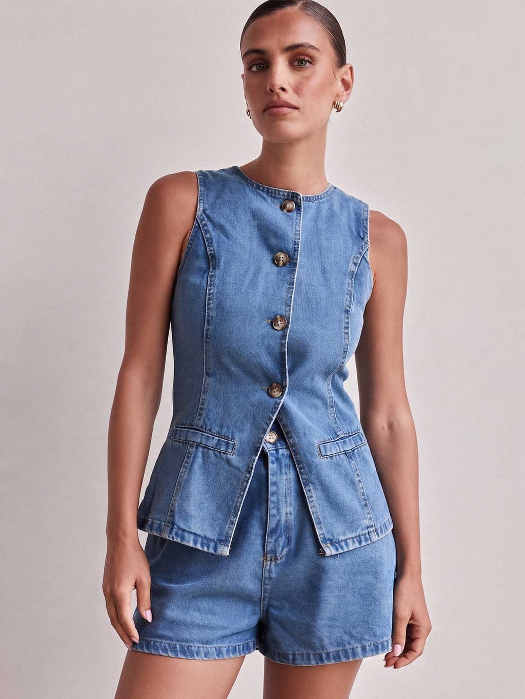 Denim Waist Cinch Shorts Set