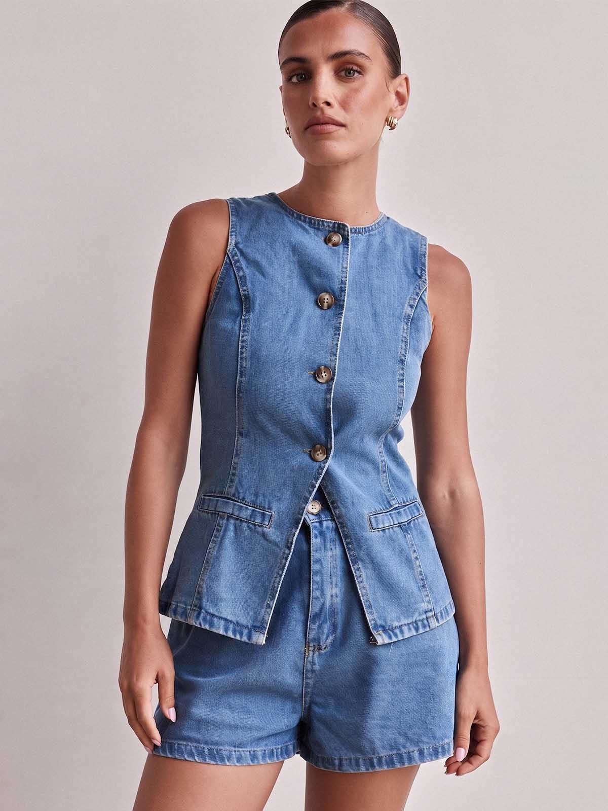 Denim Waist Cinch Shorts Set
