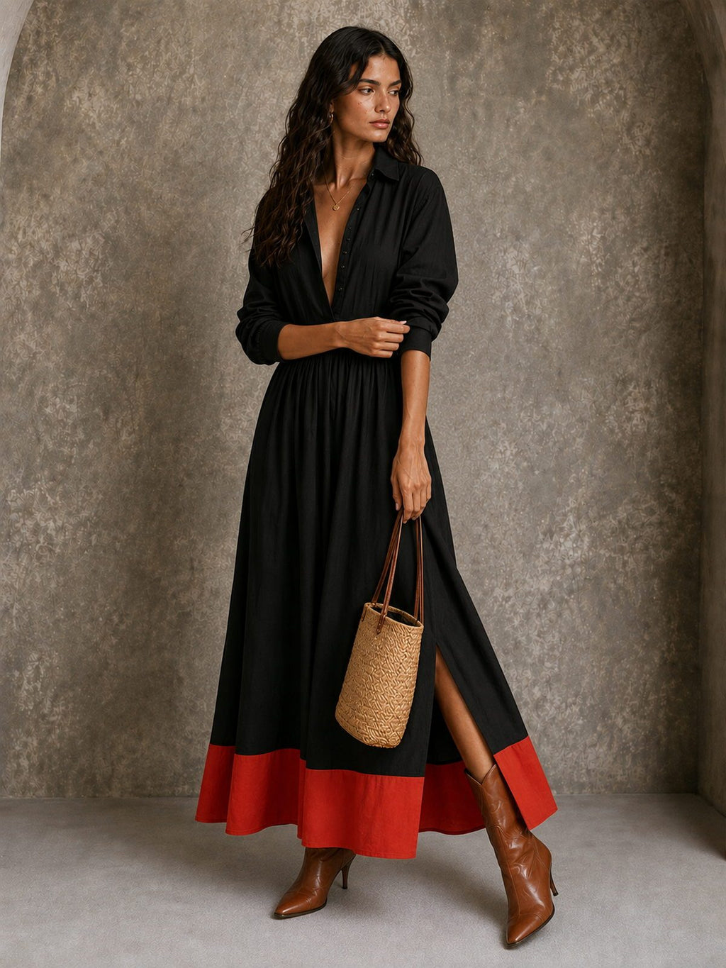 Contrast-Hem Maxi Shirt Dress