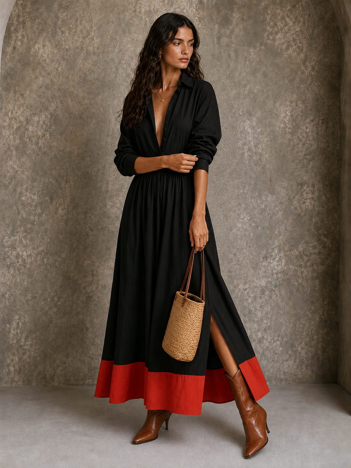 Contrast-Hem Maxi Shirt Dress