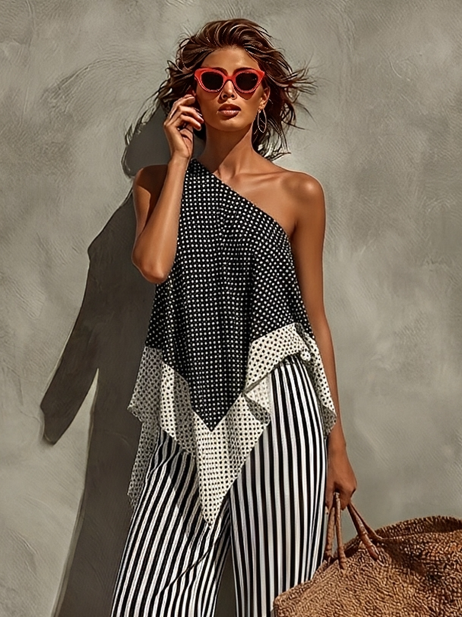 Cotton Blend One Shoulder Asymmetrical Top with Striped Wide Leg Pants Set