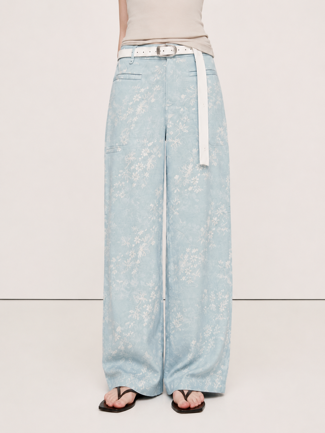 Lurex Floral Jacquard Wide-Leg Pants With Belt
