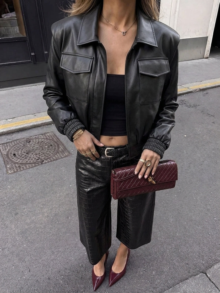 Snap-Button Slim PU Leather Jacket