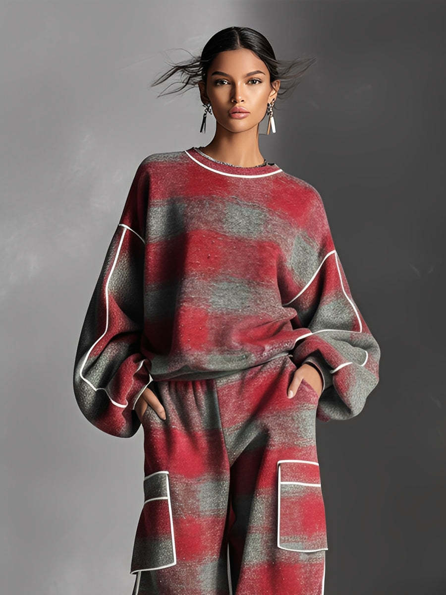 Fleece-Lined Plaid Oversized Sweater Set with Pockets and Ribbed Hem