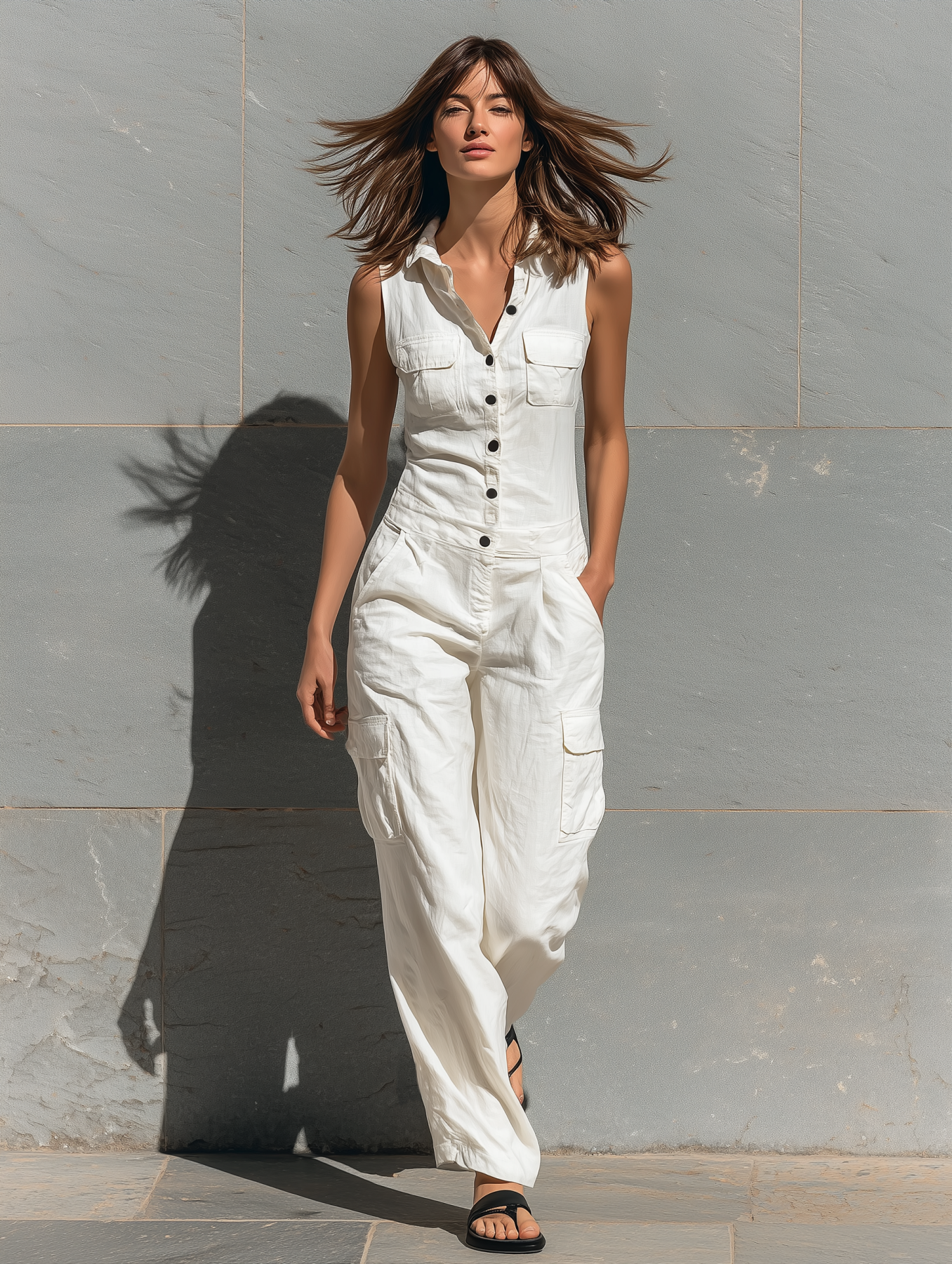 Cotton Linen Sleeveless Cargo Jumpsuit for Women Summer Casual Loose Fit Overalls with Button Front and Multiple Pockets