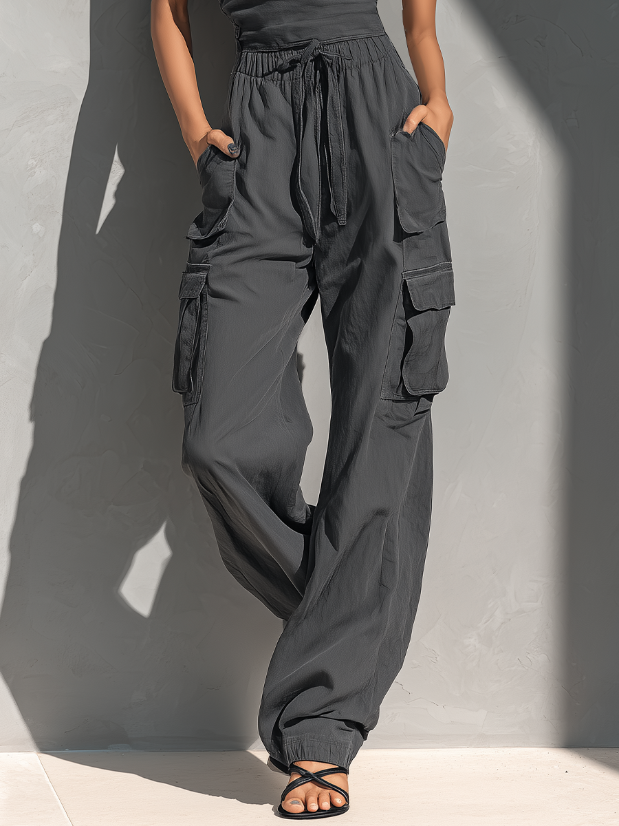 Cotton One-Shoulder Cargo Jumpsuit with Drawstring Waist and Multiple Pockets