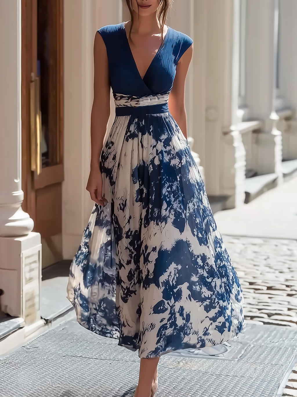 Chic White Navy Print Sleeveless Flowy Maxi Dress