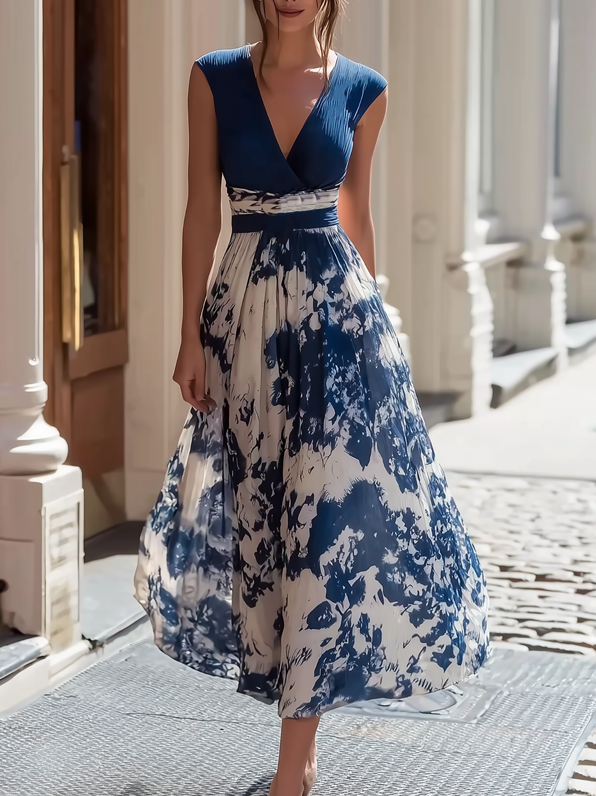 Chic White Navy Print Sleeveless Flowy Maxi Dress