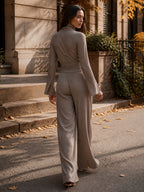 Ribbed Knit High-Neck Wrap Top Wide-Leg Set