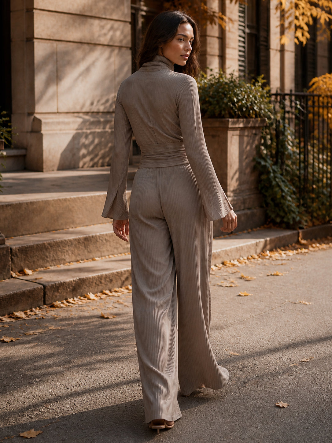 Ribbed Knit High-Neck Wrap Top Wide-Leg Set