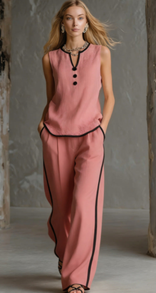 Contrast Trim Linen Sleeveless Top & Wide-Leg Pants Set