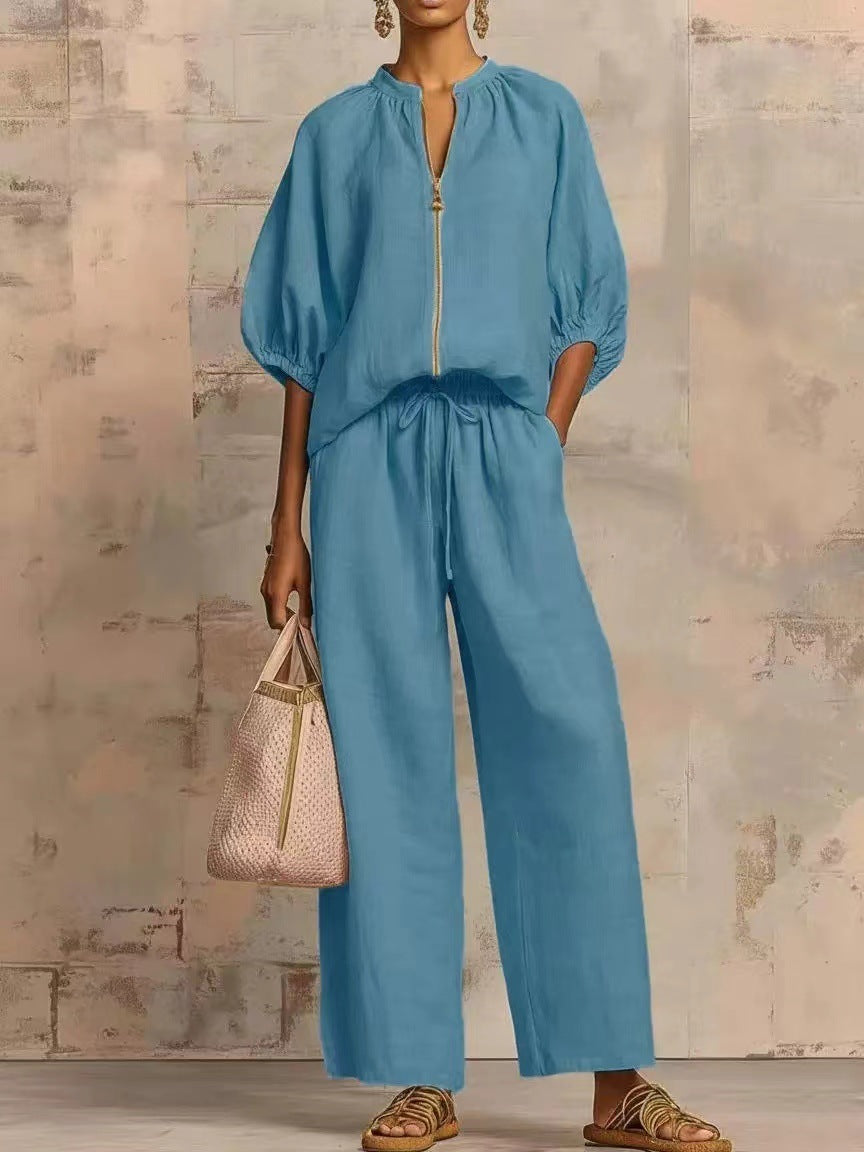 Linen Zip Up Blouse & Wide Leg Pants Two-Piece Set