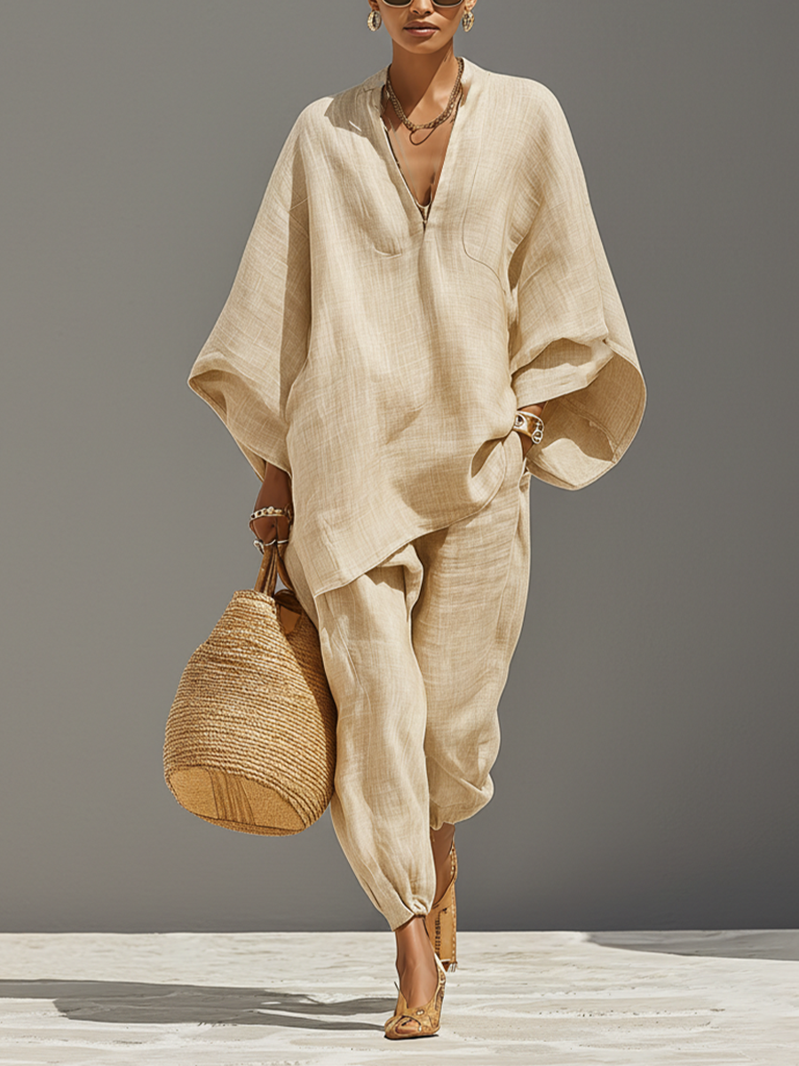 Linen Women's Boho Oversized V-Neck Tunic Top & Matching Pants Set