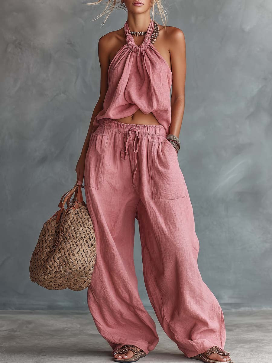 Linen Women's Boho Halter Top and Wide Leg Pants Set - Summer Casual Loose Fit Two Piece Outfit