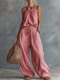 Linen Women's Boho Halter Top and Wide Leg Pants Set - Summer Casual Loose Fit Two Piece Outfit