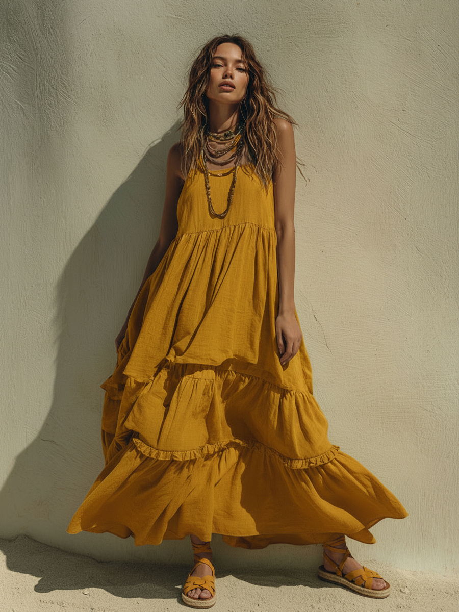Linen Tiered Maxi Dress for Women - Boho Summer Beach Long Sleeveless Flowy Dress with Ruffles and Side Pockets