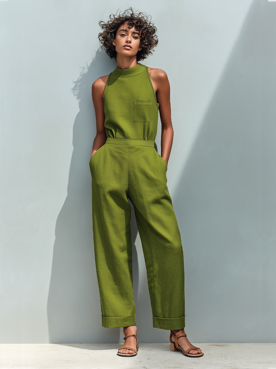 Linen Sleeveless High Neck Jumpsuit with Cuffed Pants and Front Pocket