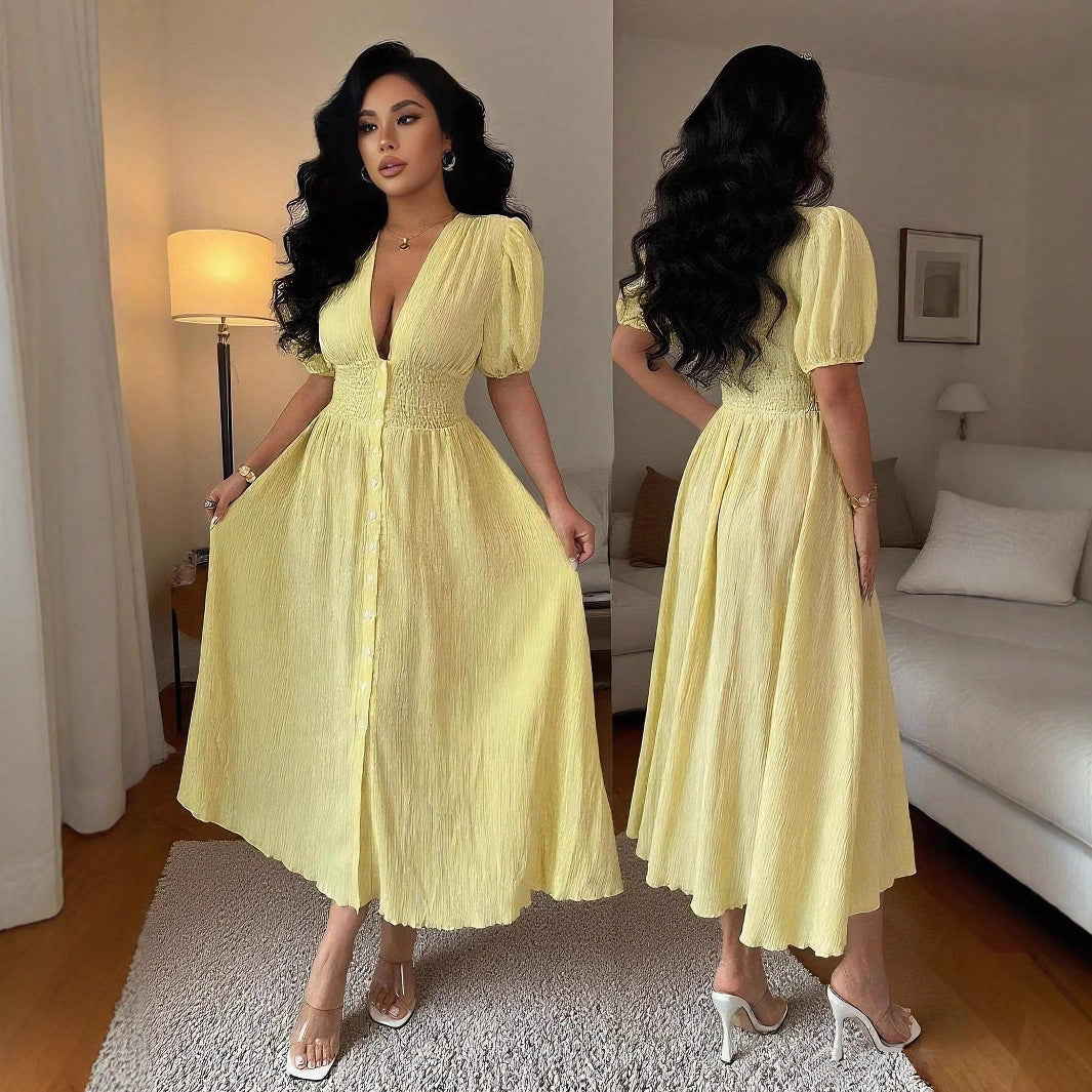 Yellow V-Neck Puff Sleeve Midi Dress