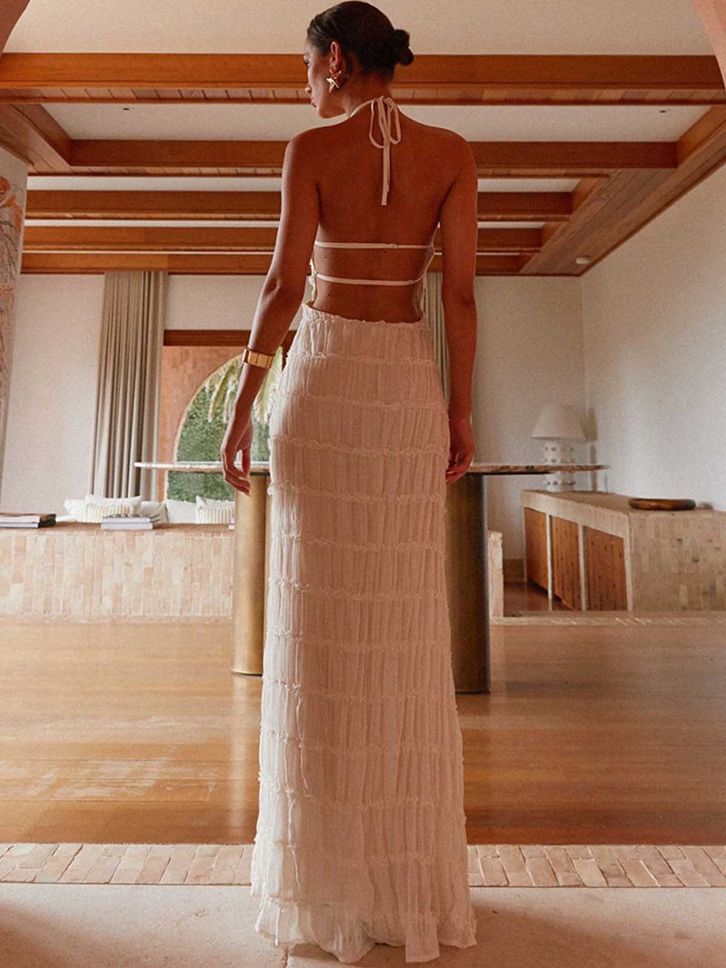 Halter Neck Backless Ruched Maxi Dress