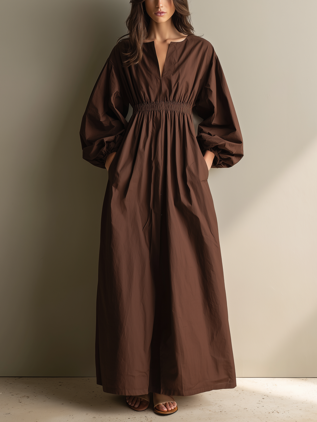 Cotton Linen Maxi Dress with Elastic Waist and Puff Sleeves