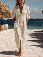 Robe midi bohème décontractée rayée noire et beige boutonnée