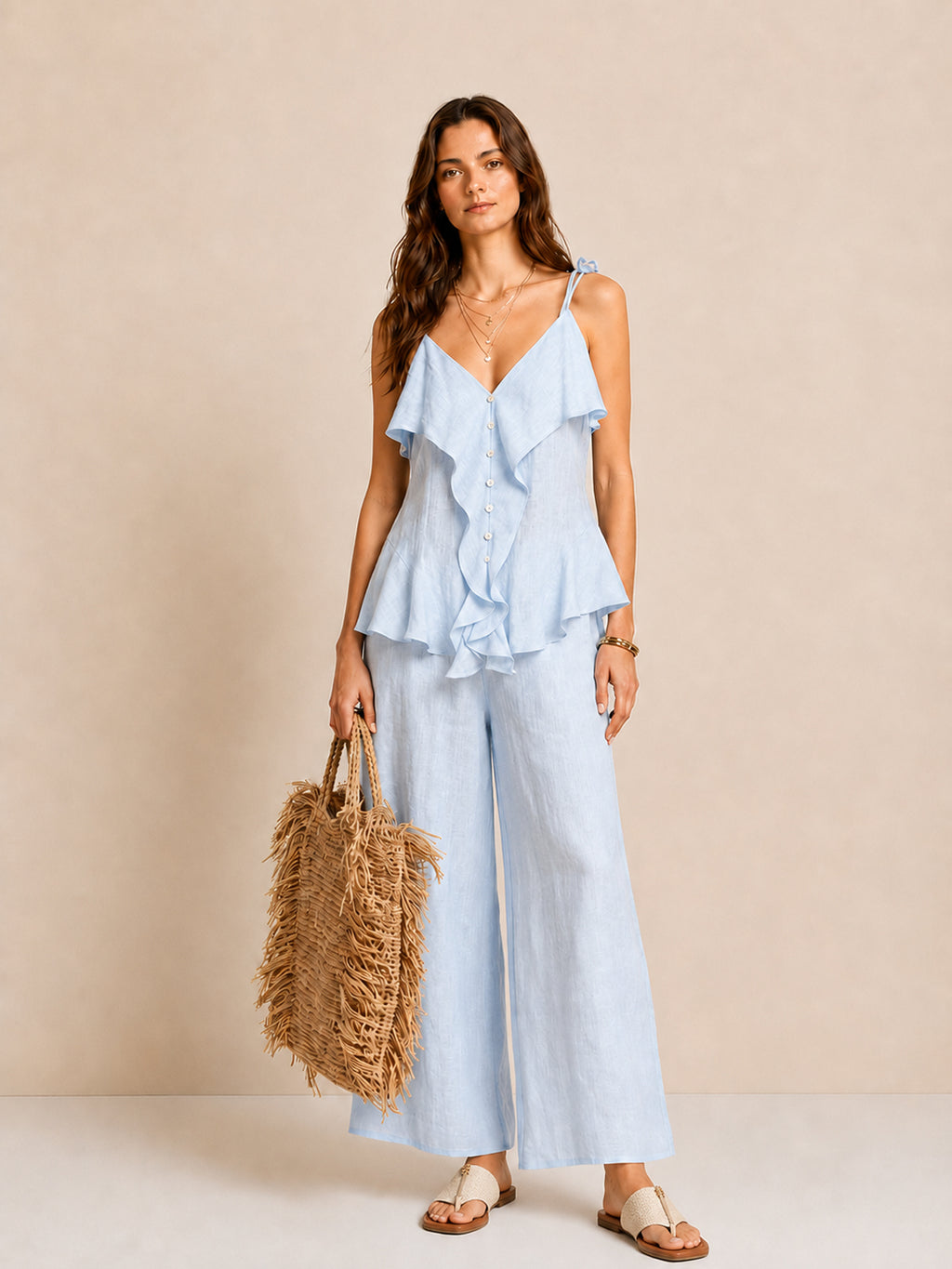 Ruffle Tie Shoulder Pants Set
