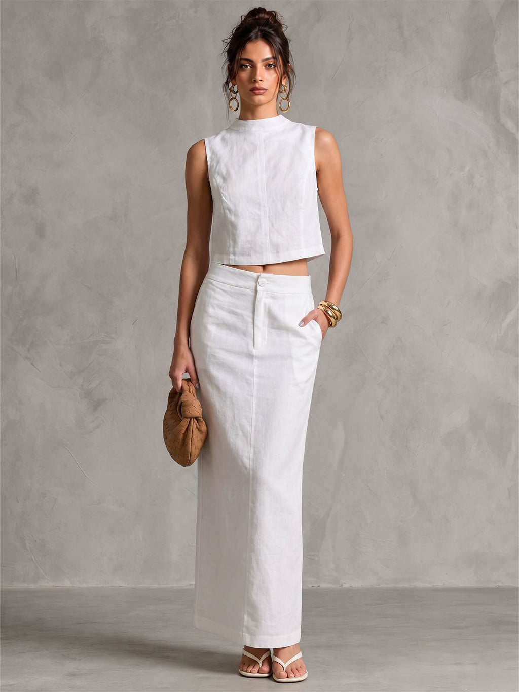 White Linen-Blend Sleeveless Cropped Top with Back Button Detail