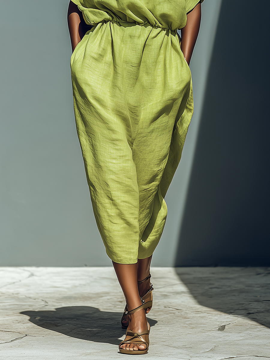 Linen Cold Shoulder Midi Dress with Elastic Waist and Wide Sleeve