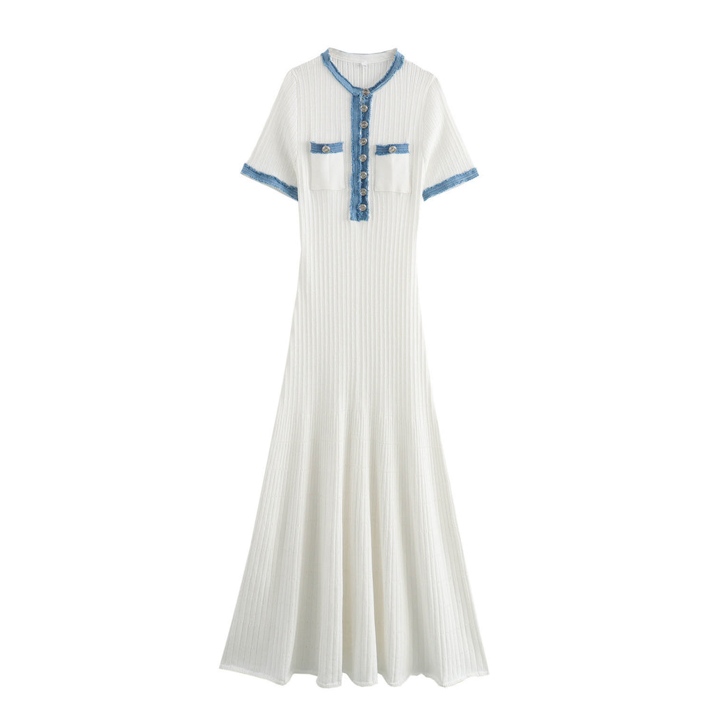 Ribbed Knit Denim Trim Midi Dress