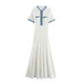 Ribbed Knit Denim Trim Midi Dress