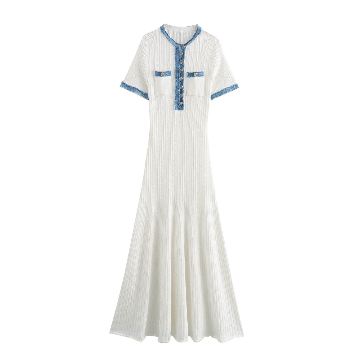 Ribbed Knit Denim Trim Midi Dress