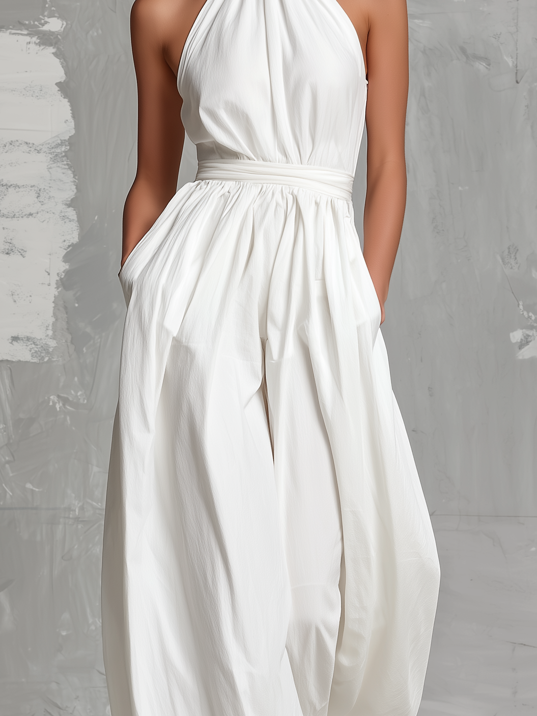 Cotton Linen Halter Neck Jumpsuit with High Waist and Wide Leg Design for Women