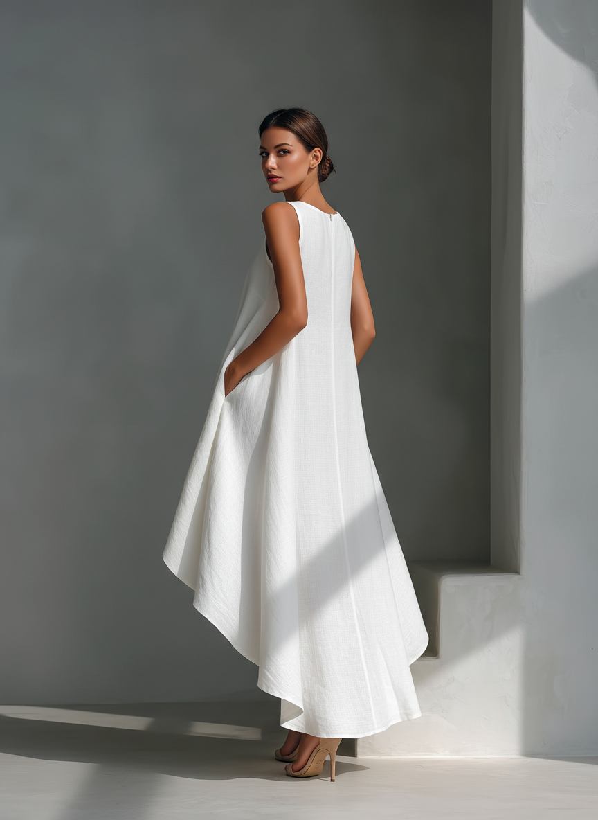 Linen Sleeveless High Low Dress Women Summer Casual Loose Fit Asymmetric Hem Maxi Dress