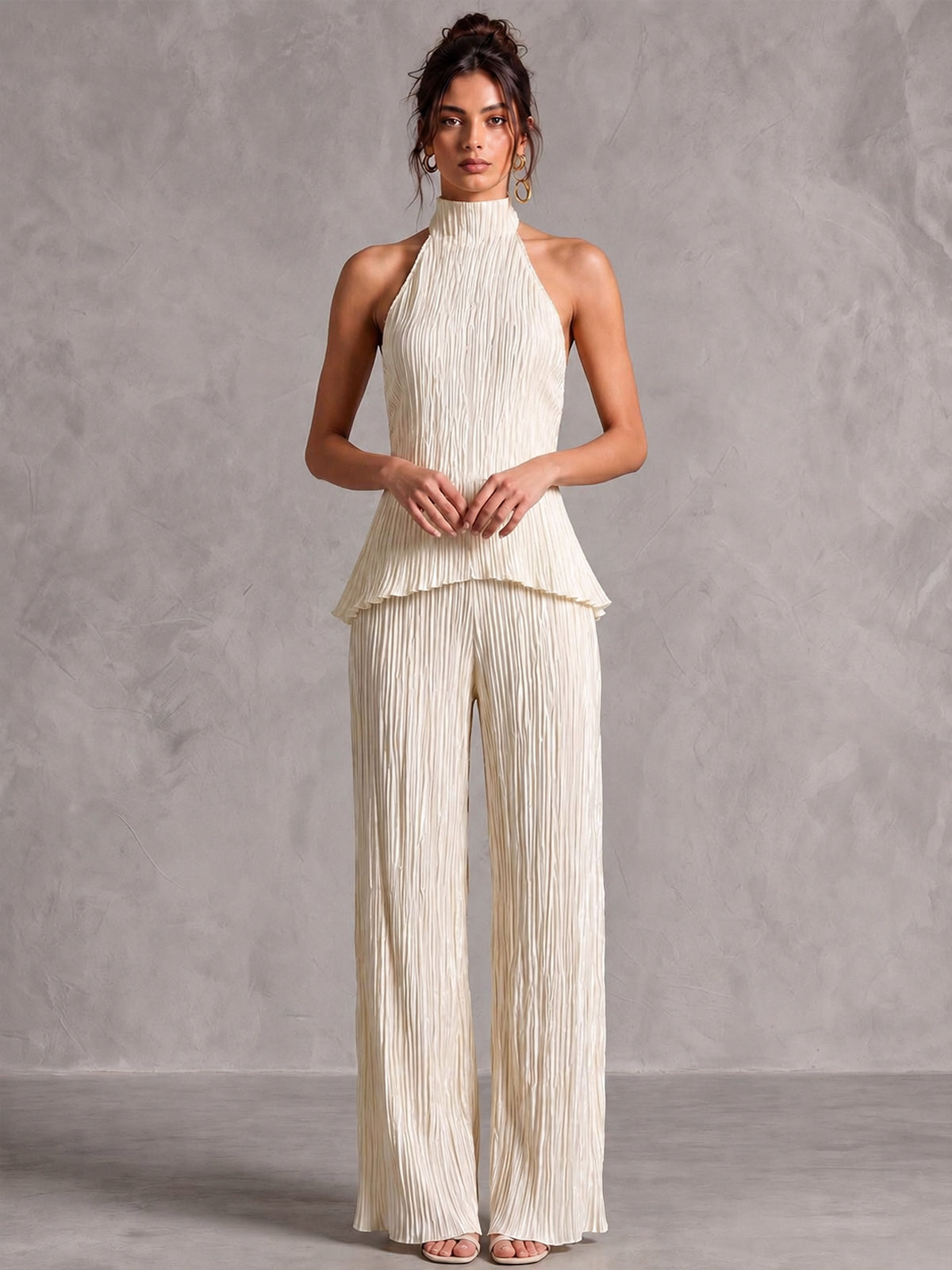 Pleated Co-Ord Set – Halter Top & Wide-Leg Pants