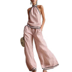 Conjunto de chaleco sin mangas con ribete en contraste y pantalón de pierna ancha.