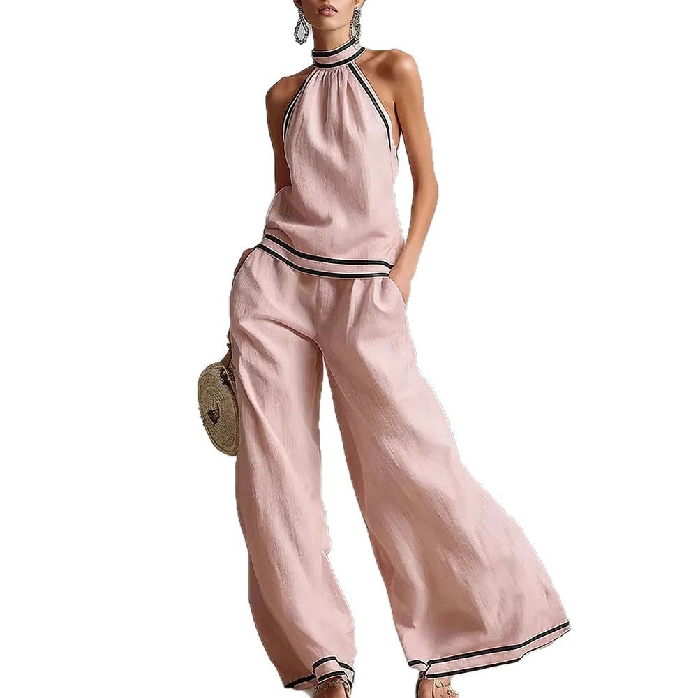 Contrast Trim Sleeveless Vest & Wide-Leg Pants Set