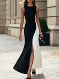 Elegant Black White Color Block Sleeveless Maxi Dress