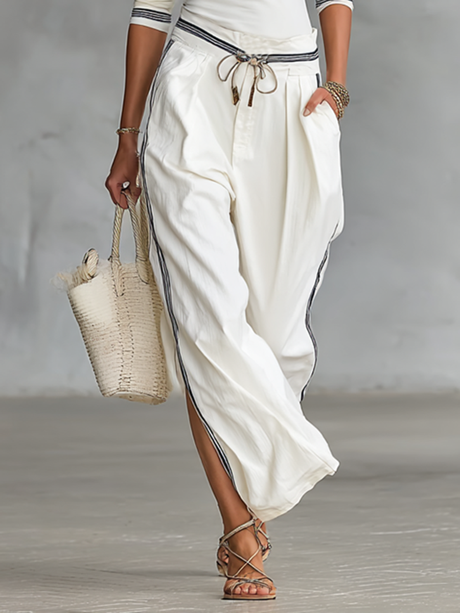 Cotton Blend White High Neck Long Sleeve Top with Side Stripes and Matching Wide Leg Pants Set