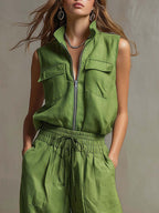 Ensemble débardeur zippé et pantalon large en lin