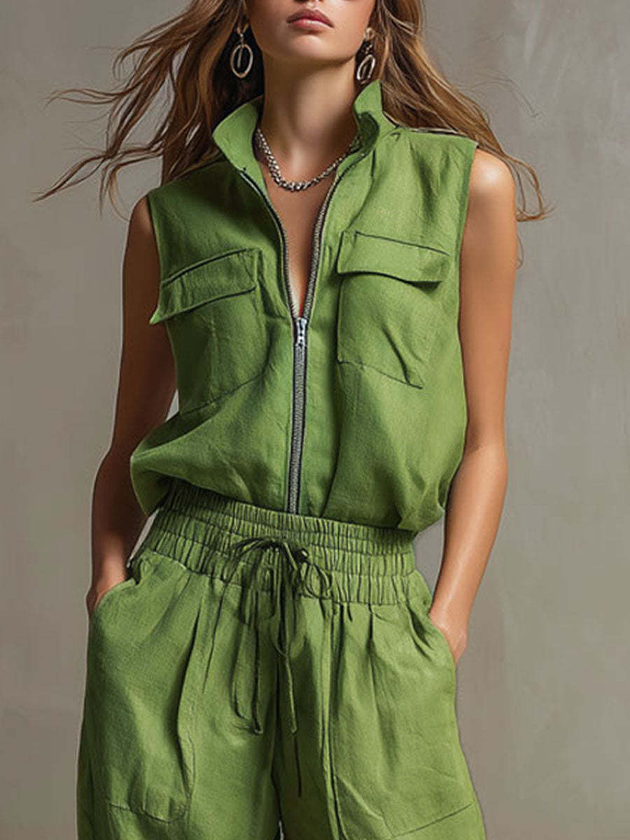 Linen Sleeveless Zip Up Top and Wide Leg Pants Set